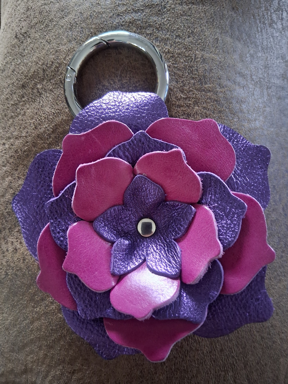 Satchel Floral Leather Keychain Bag Charm - Purple & Pink  5" Flower